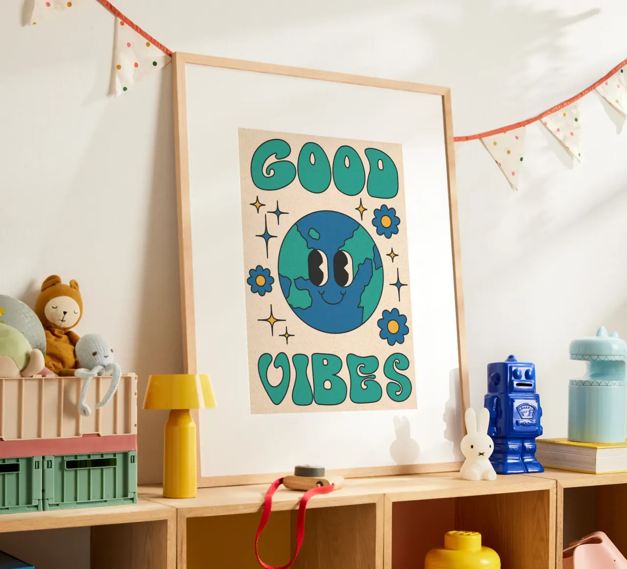 Groovy Good Vibes Aarde Dag Retro Kunstdruk hahnemühle van homdeco