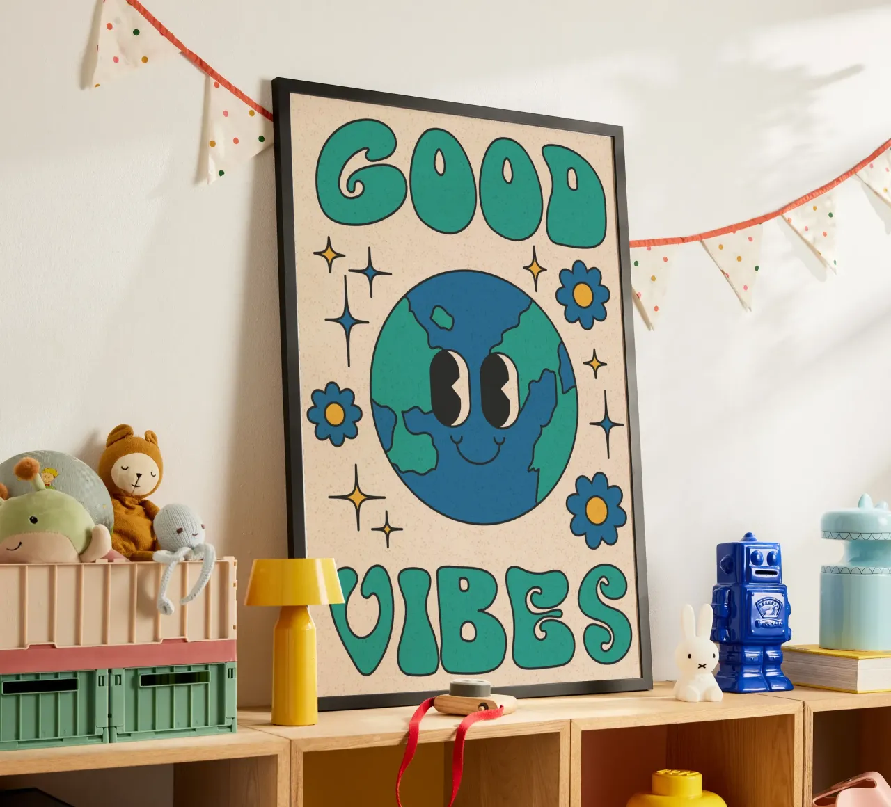 Groovy Good Vibes Aarde Dag Retro Kunstdruk hahnemühle van homdeco