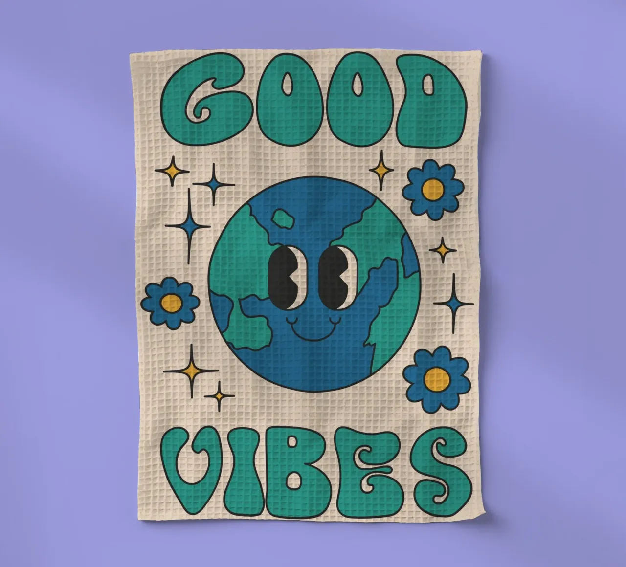 Groovy Good Vibes Aarde Dag Retro Kunstdruk theedoek van homdeco
