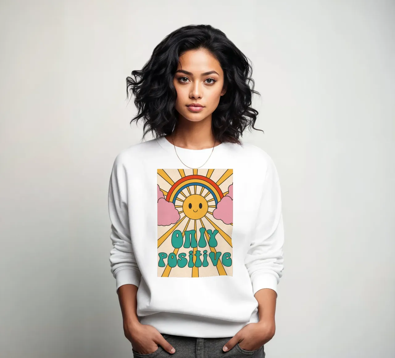 Groovy "Only Positive" Sol y Arco Iris - Retro Vibes sudadera de homdeco