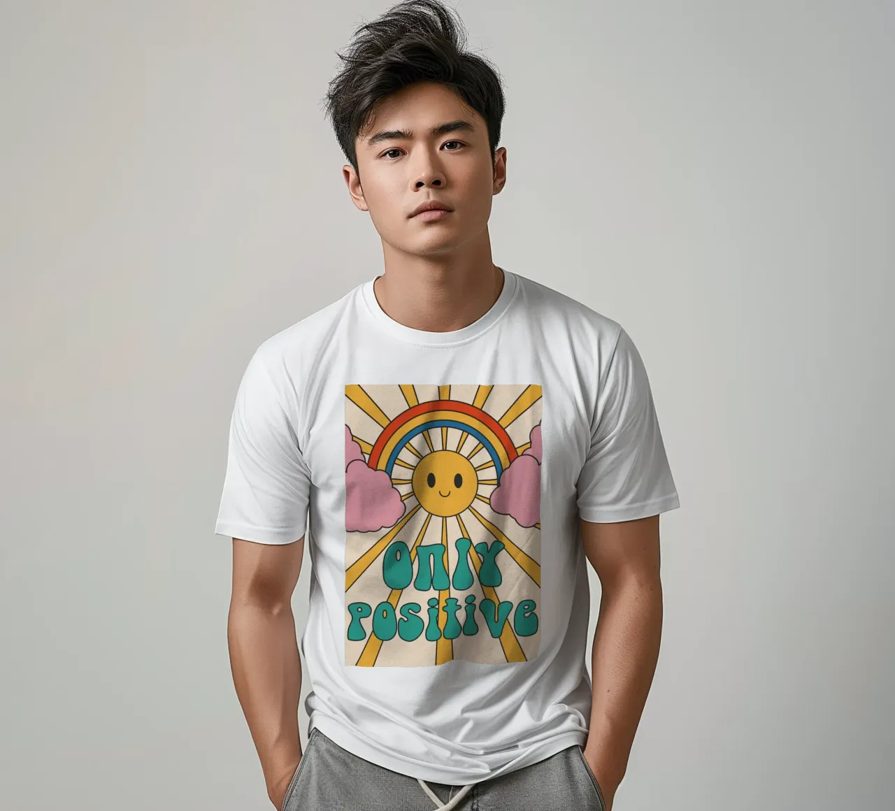 Groovy "Only Positive" Sol y Arco Iris - Retro Vibes camiseta de homdeco