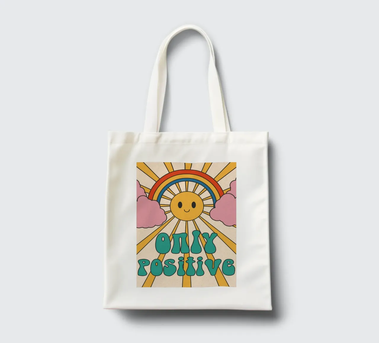 Groovy "Only Positive" Sol y Arco Iris - Retro Vibes tote bag de homdeco