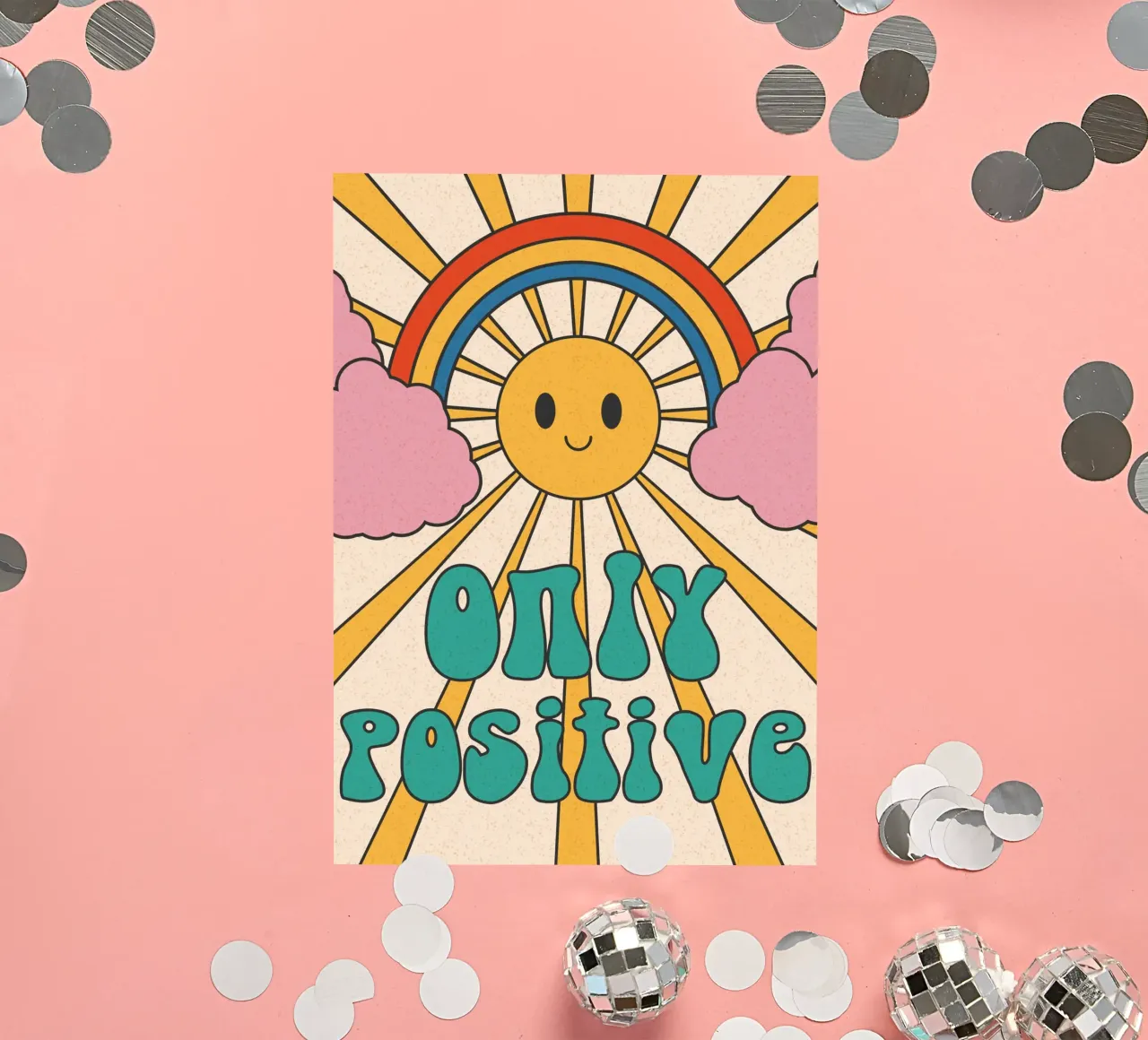 Groovy "Only Positive" Sol y Arco Iris - Retro Vibes pegatina de homdeco