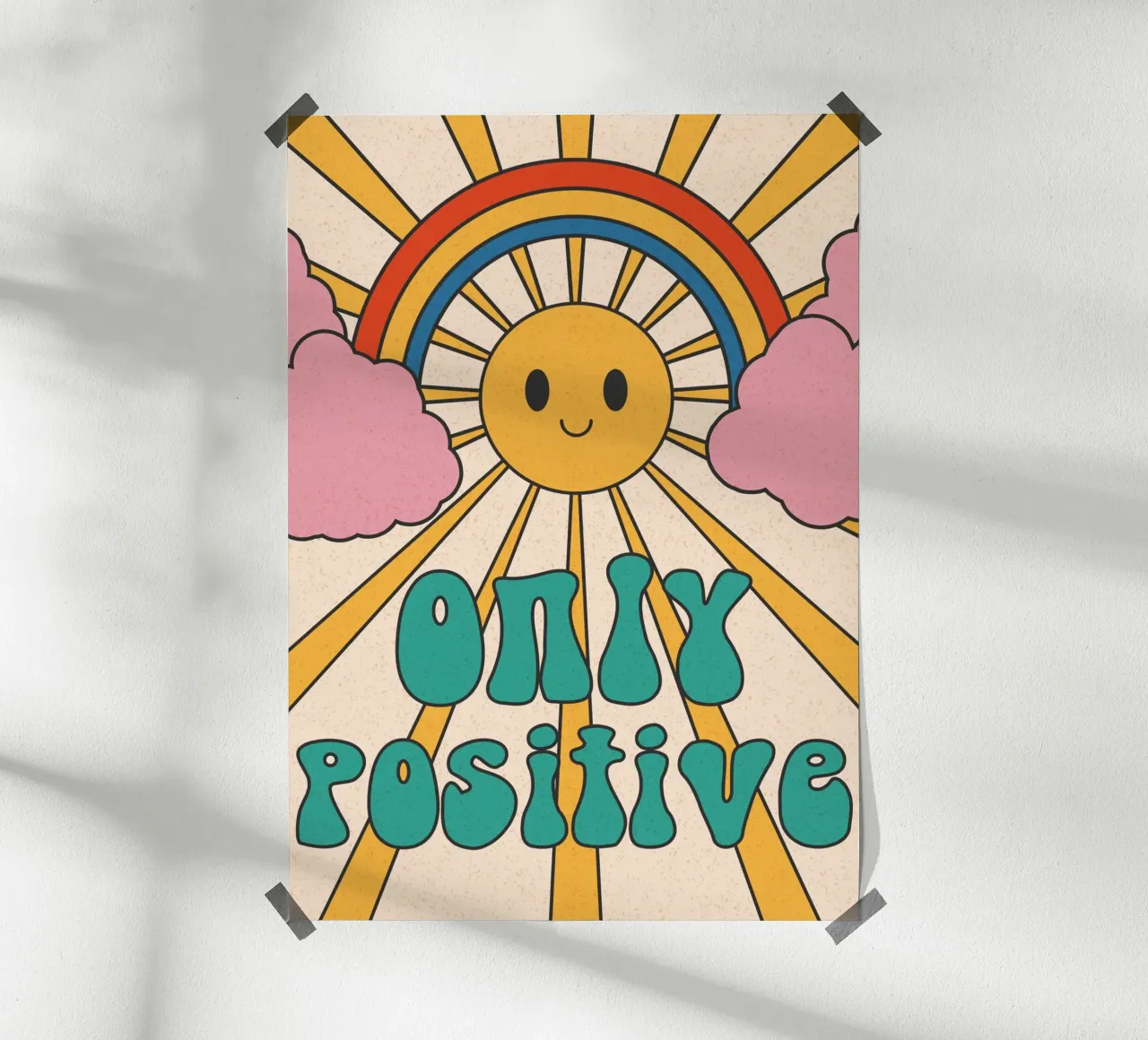 Groovy "Nur positiv" Sonne & Regenbogen Kunst - Retro Vibes Poster von homdeco