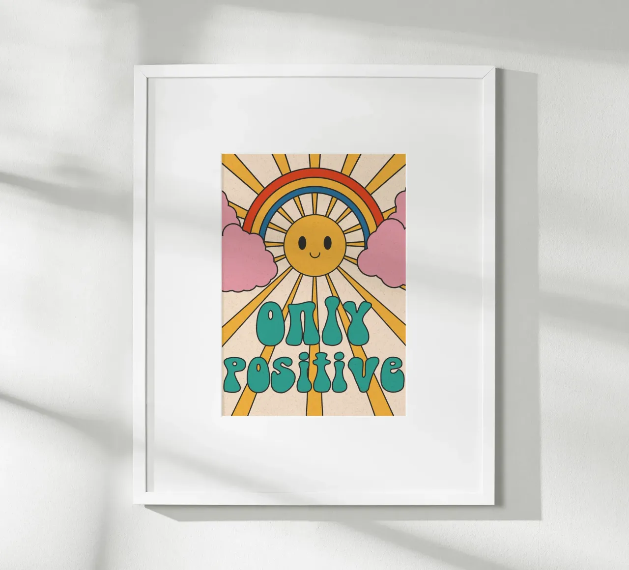 Groovy "Nur positiv" Sonne & Regenbogen Kunst - Retro Vibes Poster von homdeco