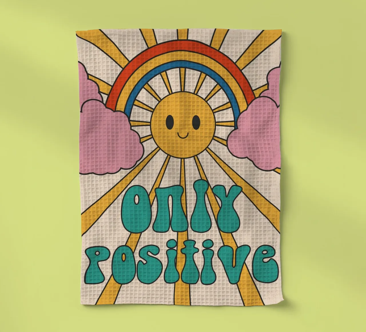 Groovy "Only Positive" Sol y Arco Iris - Retro Vibes paño de cocina de homdeco