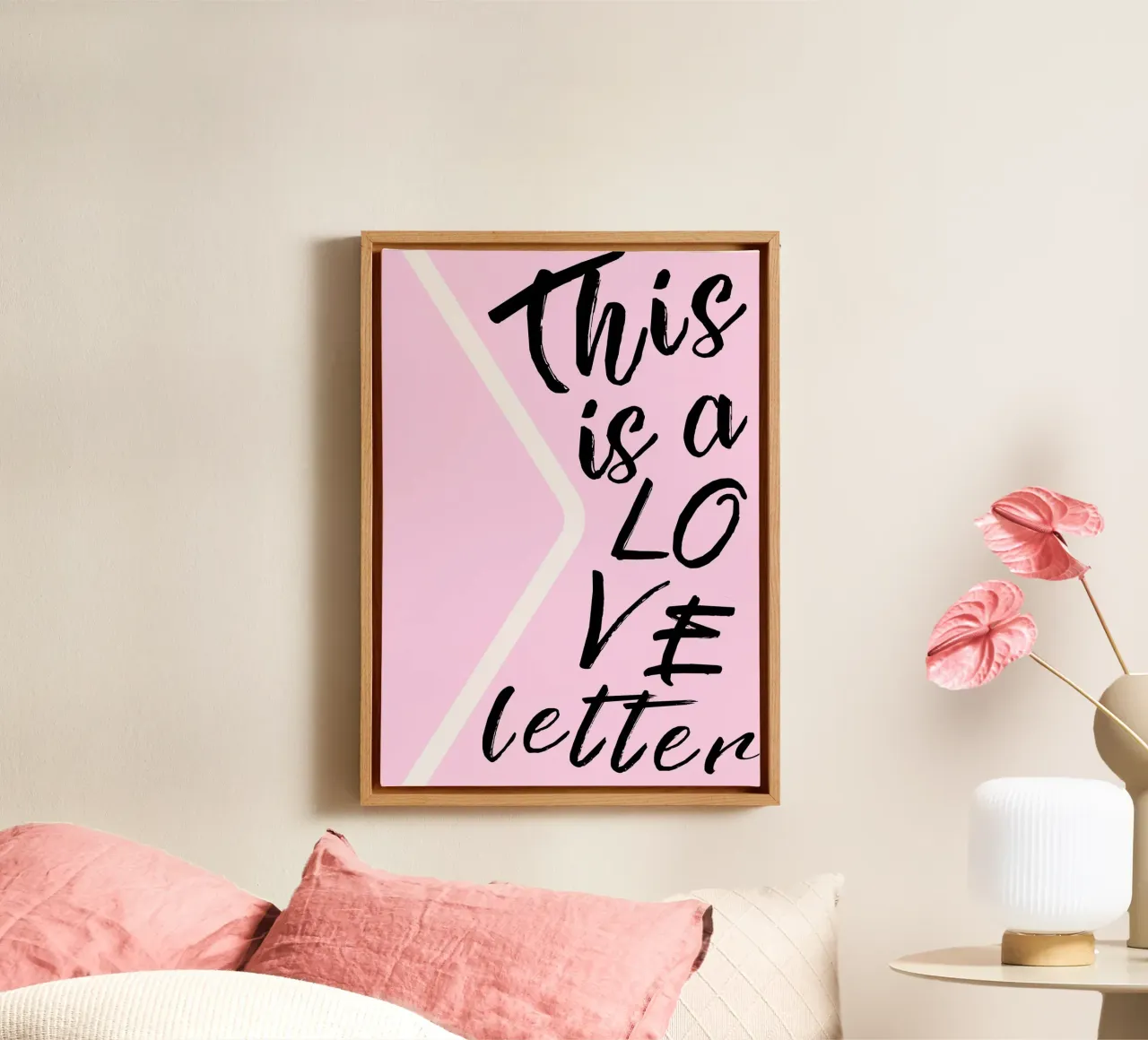 "Dit is een liefdesbrief" - Roze & Zwart Script Art canvas met Baklijst van homdeco