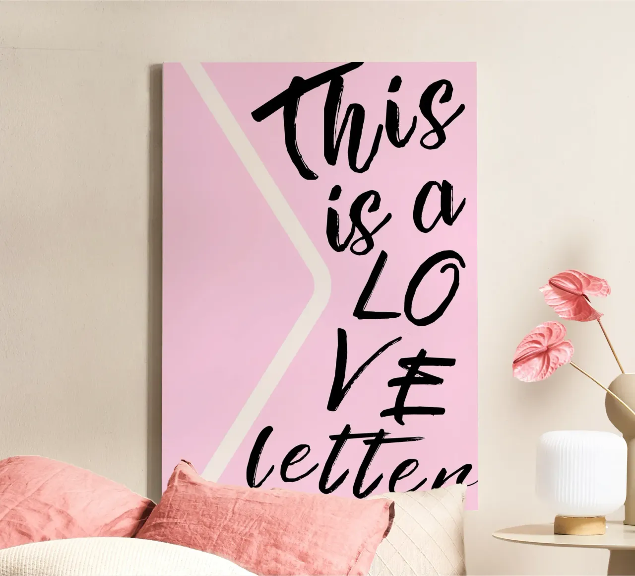 "Dit is een liefdesbrief" - Roze & Zwart Script Art canvas met Baklijst van homdeco