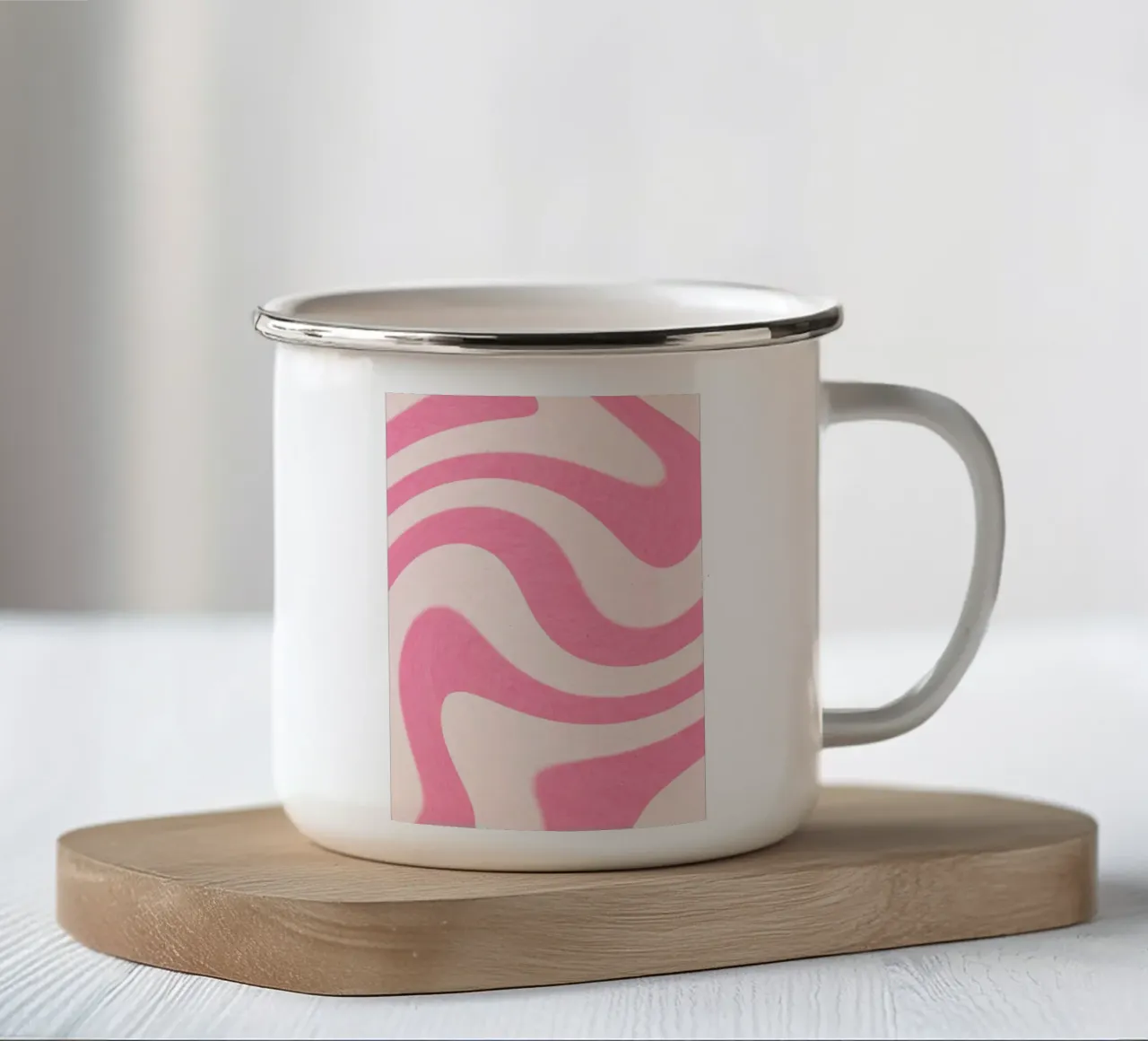 Groovy Pink & White Swirls - Retro Wavy Art Print taza de esmalte de homdeco