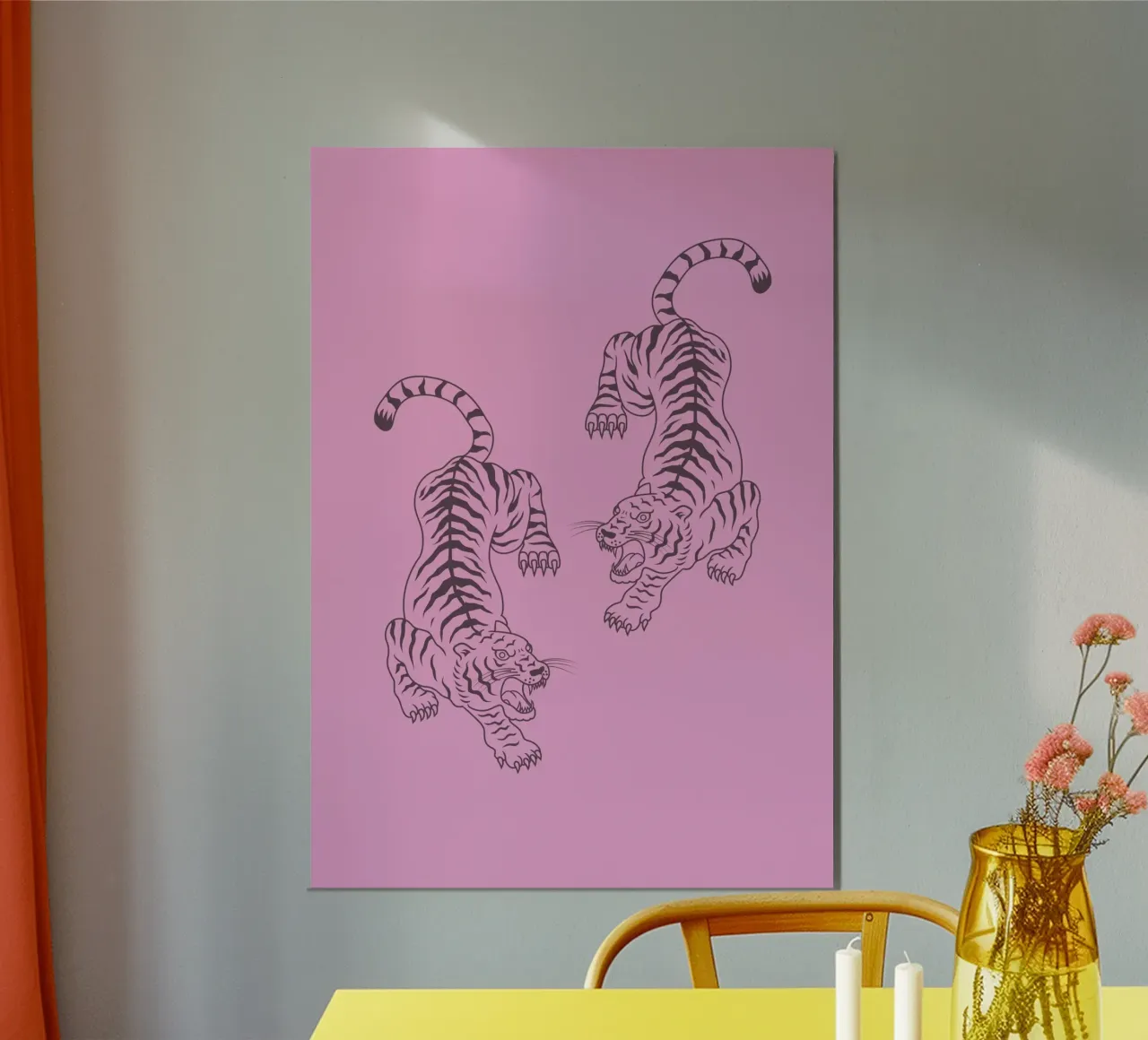 Doppia linea di tigri ruggenti - Stampa artistica rosa e nera poster con telaio in plastica da homdeco
