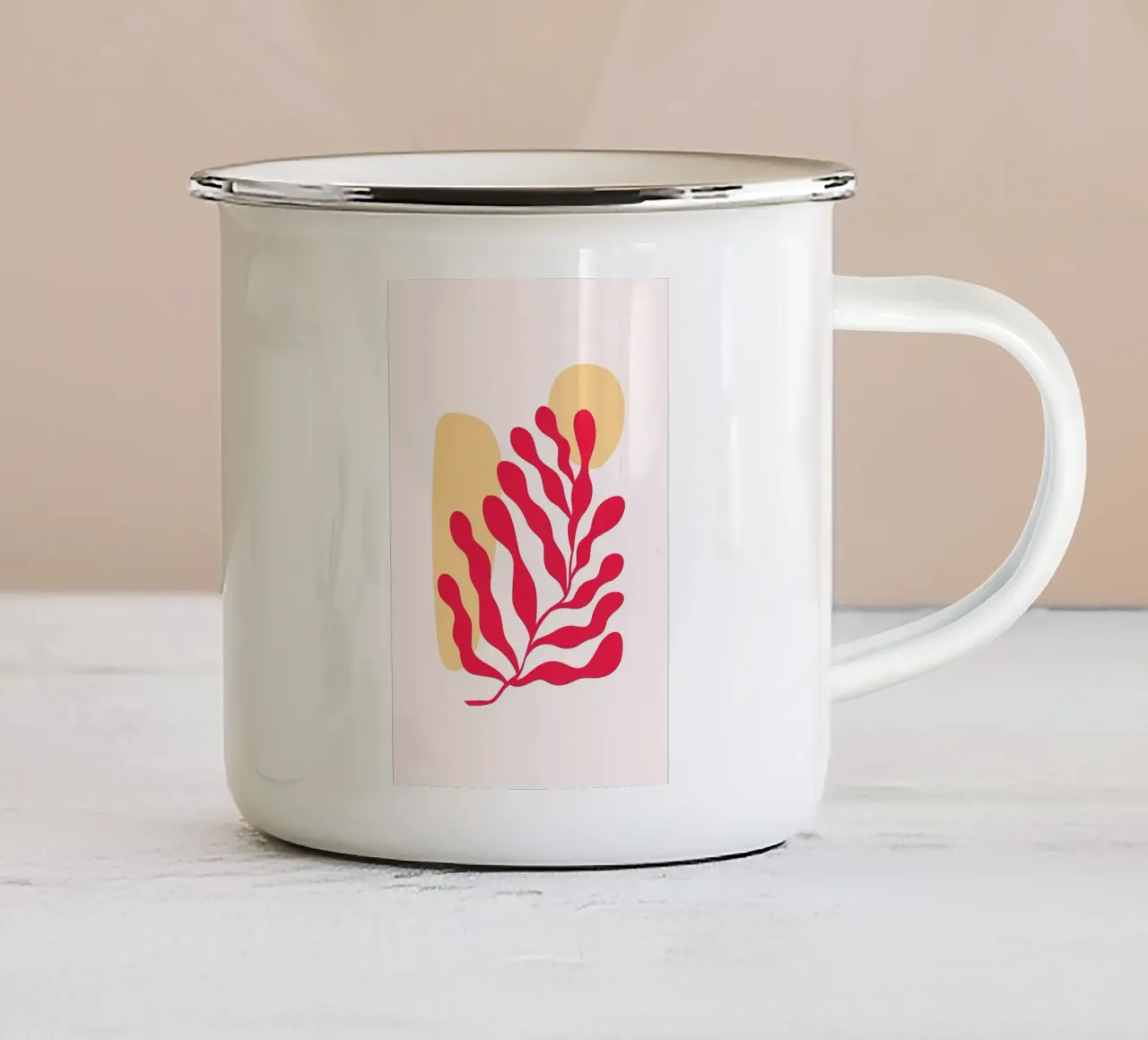 Op Matisse geïnspireerd abstract rood koraal en oker - Boho Art emaille mok van homdeco
