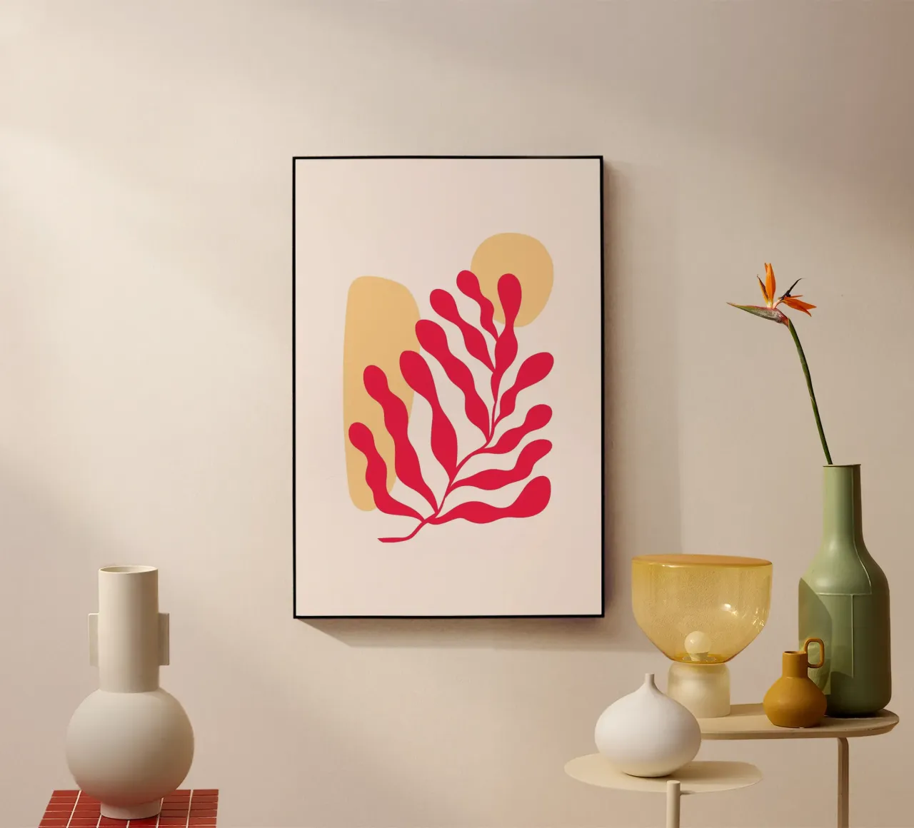 Op Matisse geïnspireerd abstract rood koraal en oker - Boho Art acryl van homdeco