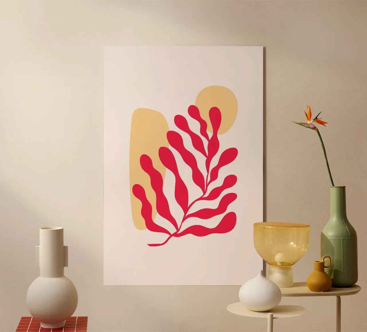 Op Matisse geïnspireerd abstract rood koraal en oker - Boho Art acryl van homdeco
