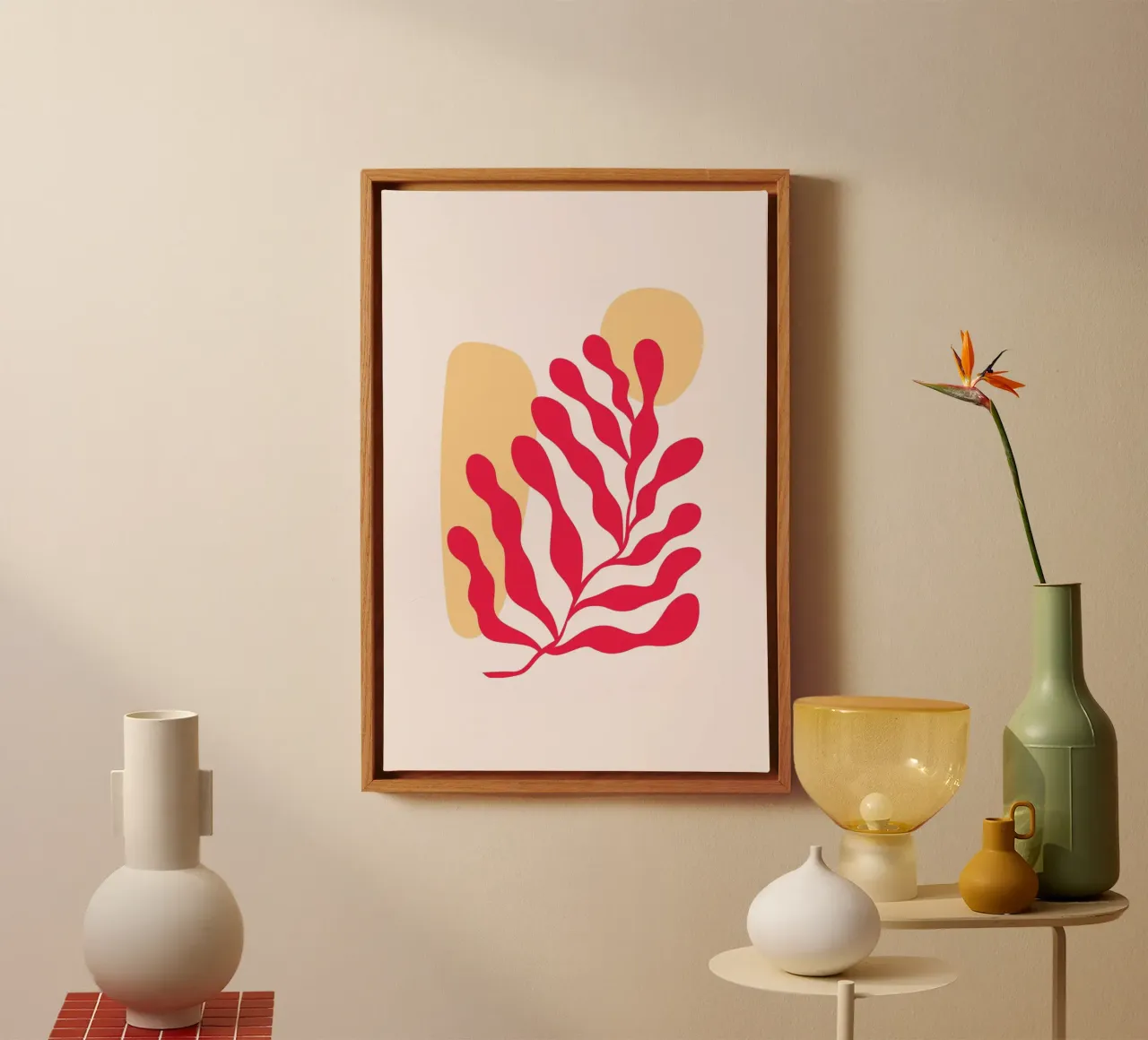 Op Matisse geïnspireerd abstract rood koraal en oker - Boho Art canvas van homdeco