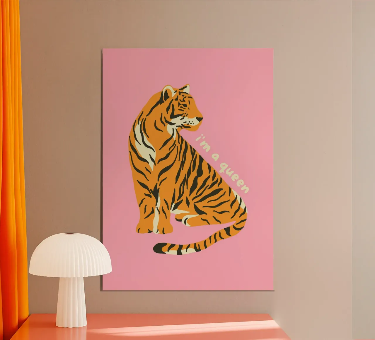 Arte della tigre "I'm a Queen" - Stampa in rosa e arancione poster con telaio in alluminio da homdeco