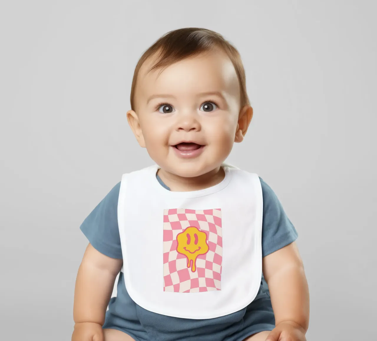 Tropfendes Smiley-Gesicht - Rosa Schachbrett Retro-Kunst Babylätzchen von homdeco