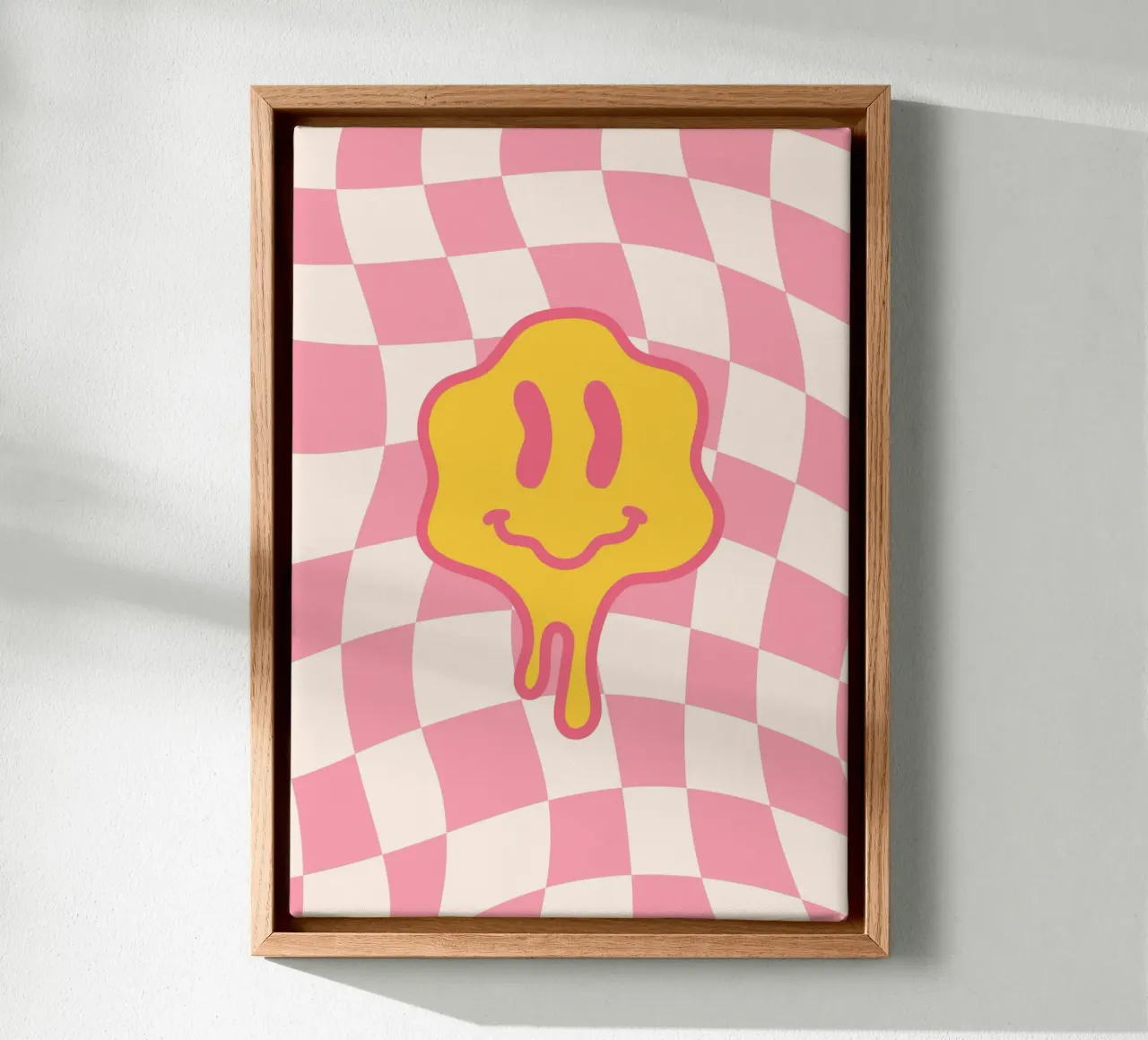 Druipend Smiley Gezicht - Roze Ruit Retro Kunst canvas met Baklijst van homdeco