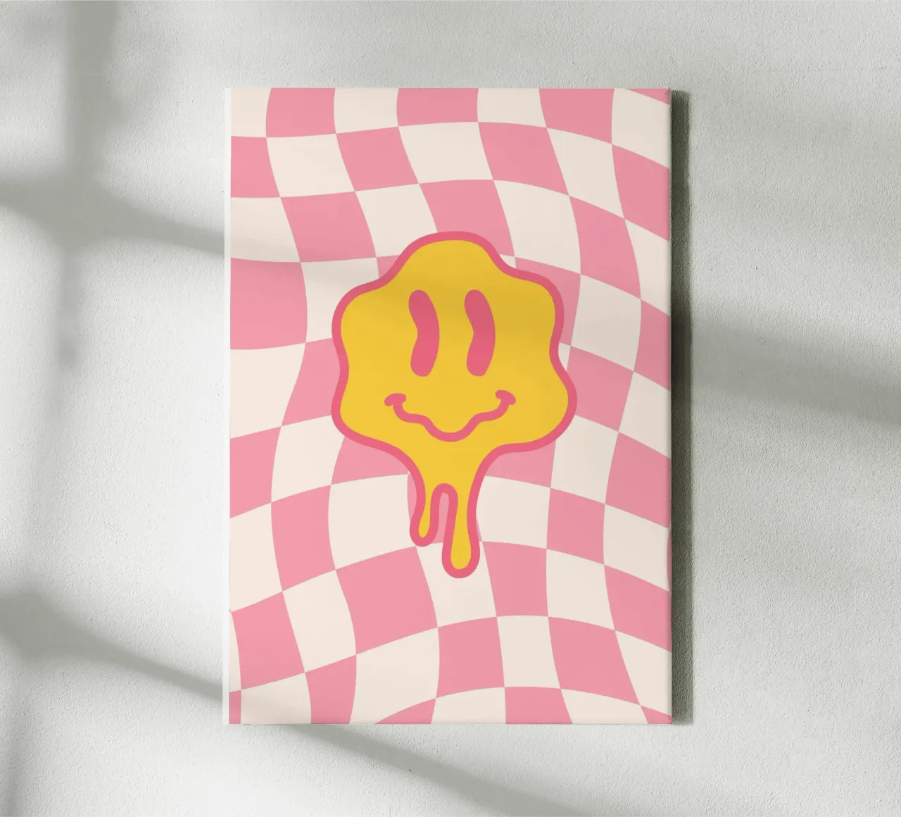 Druipend Smiley Gezicht - Roze Ruit Retro Kunst canvas met Baklijst van homdeco