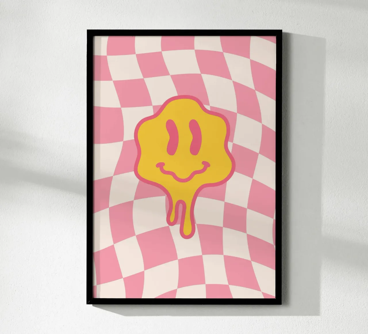 Tropfendes Smiley-Gesicht - Rosa Schachbrett Retro-Kunst Hahnemühle von homdeco