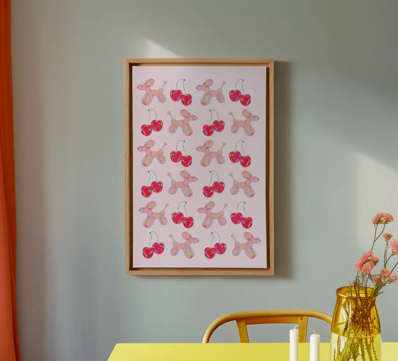 Balloon Dogs & Cherries Pattern - Funky Pop Art Print canvas with Floater frame by homdeco