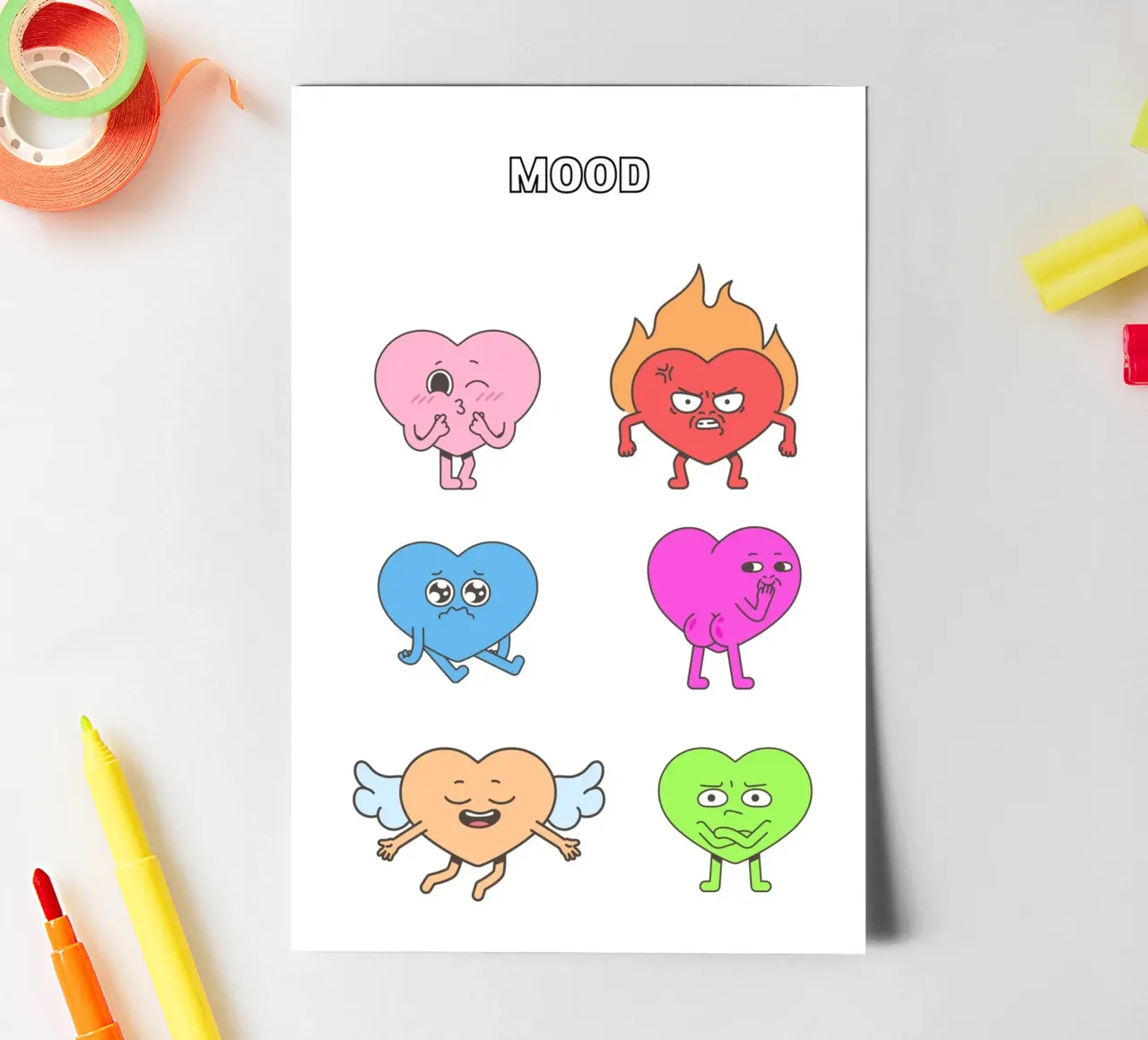 "MOOD" Hart Personages - Speelse Emotionele Kunstdruk stickervel van homdeco