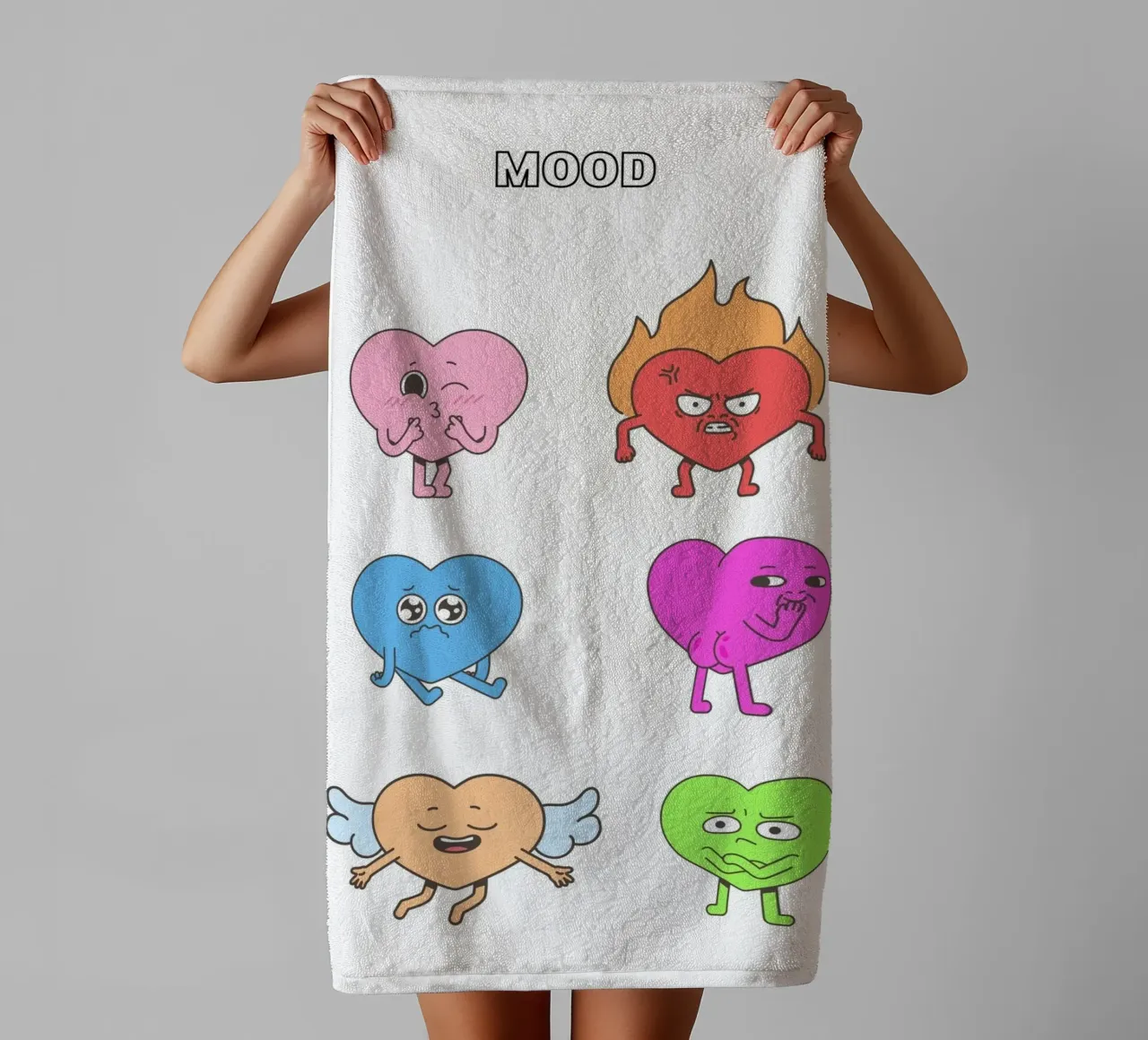 "MOOD" Heart Characters - Playful Emotional Art Print towel by homdeco