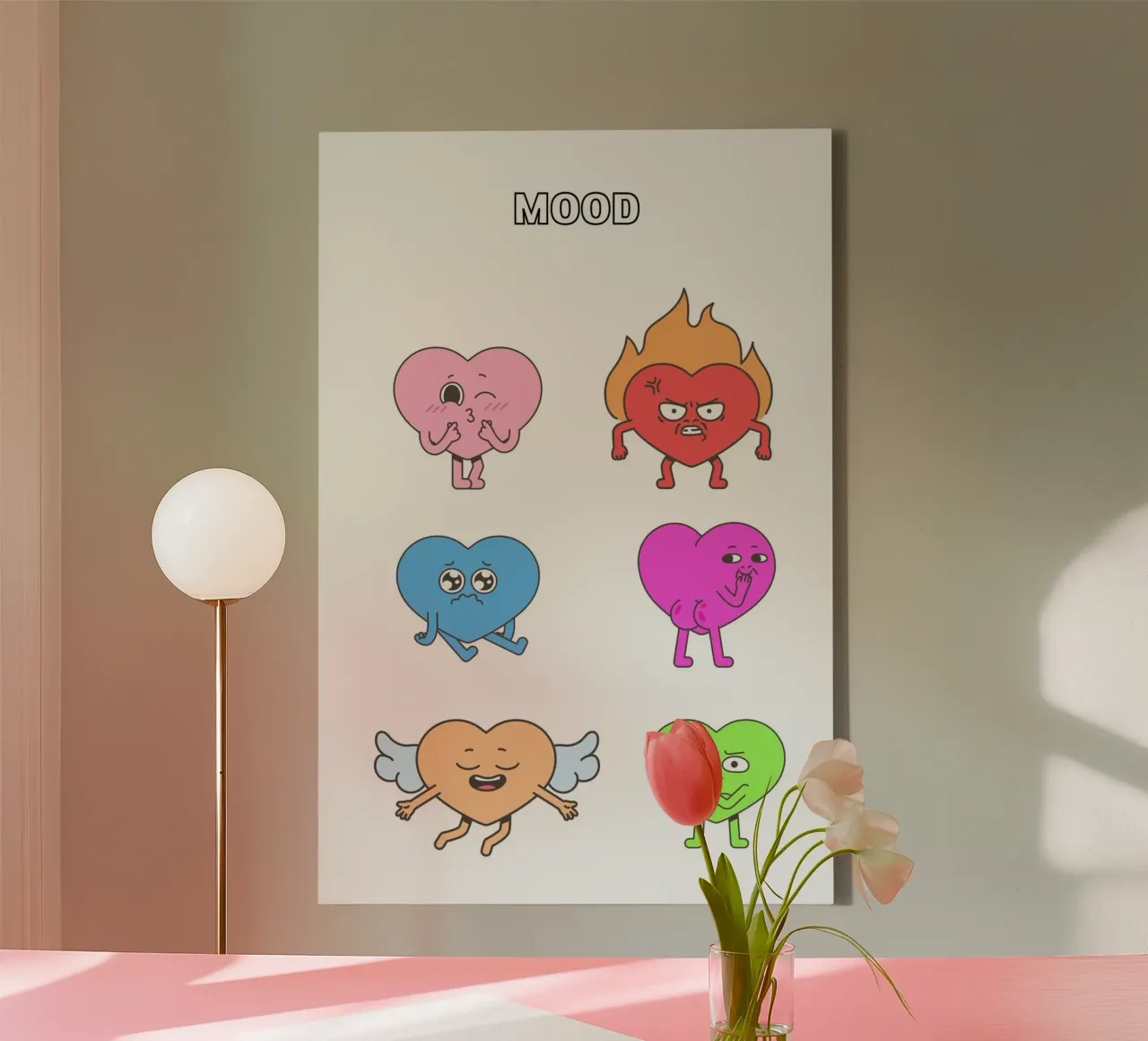 "MOOD" Hart Personages - Speelse Emotionele Kunstdruk canvas met Baklijst van homdeco