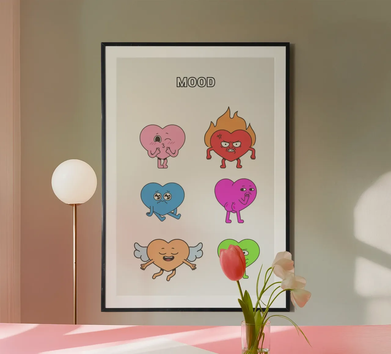 "MOOD" Heart Characters - Playful Emotional Art Print poster by homdeco