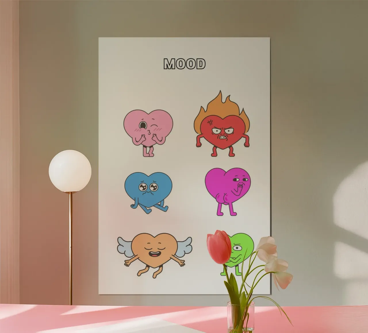 "MOOD" Heart Characters - Playful Emotional Art Print poster by homdeco