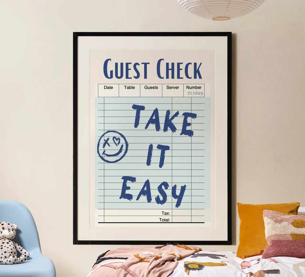 Assegno per gli ospiti "Take It Easy" - Arte da tavola calda rilassante poster con telaio in legno da homdeco