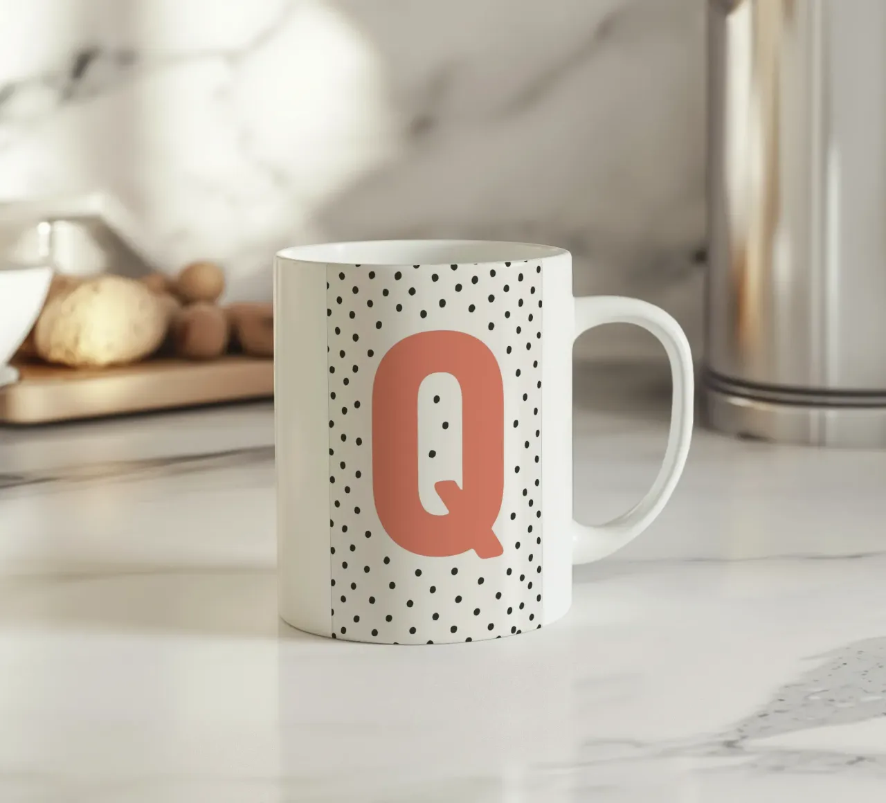Initial Q on dot pattern - Scandinavian style ceramic mug by KidzStudio