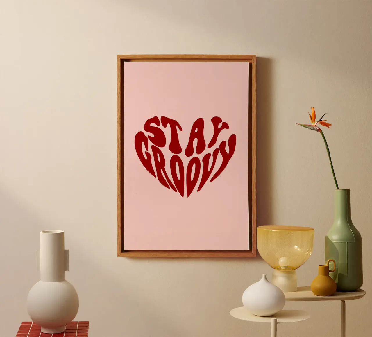 "Stay Groovy" Heart - Retro Red & Pink Typography Art canvas with Floater frame by homdeco