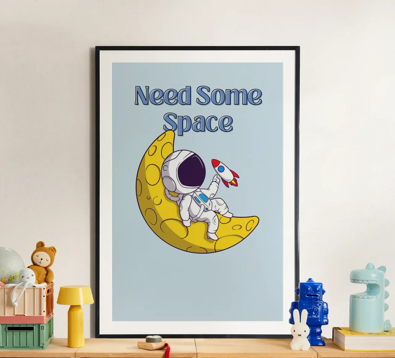 "Need Some Space" Astronaut on Moon - Fun Sci-Fi Art poster with wooden frame by homdeco