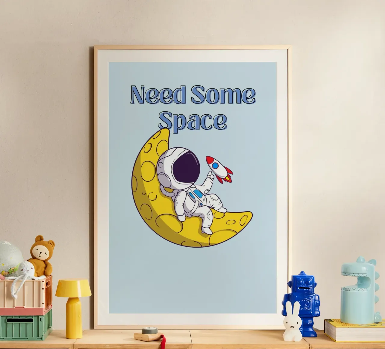 "Need Some Space" Astronaut on Moon - Fun Sci-Fi Art poster with wooden frame by homdeco