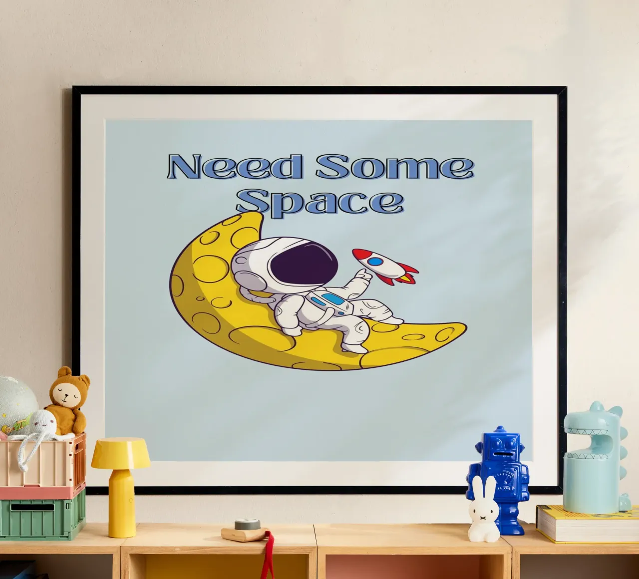 "Need Some Space" Astronaut on Moon - Fun Sci-Fi Art poster with wooden frame by homdeco