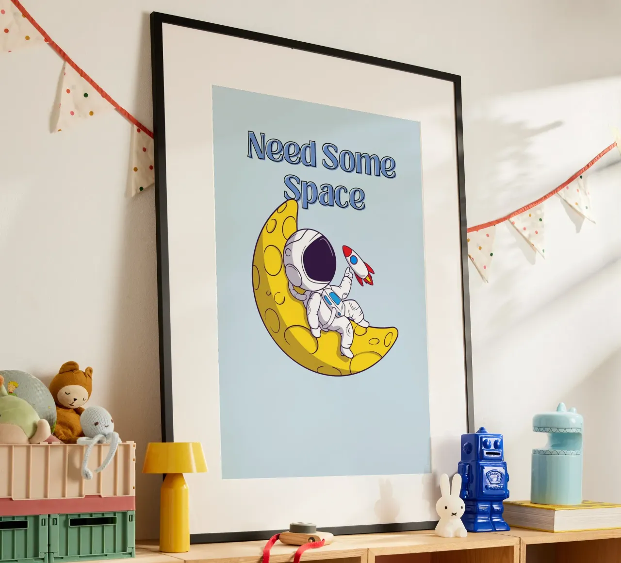 "Need Some Space" Astronaut on Moon - Fun Sci-Fi Art poster with wooden frame by homdeco