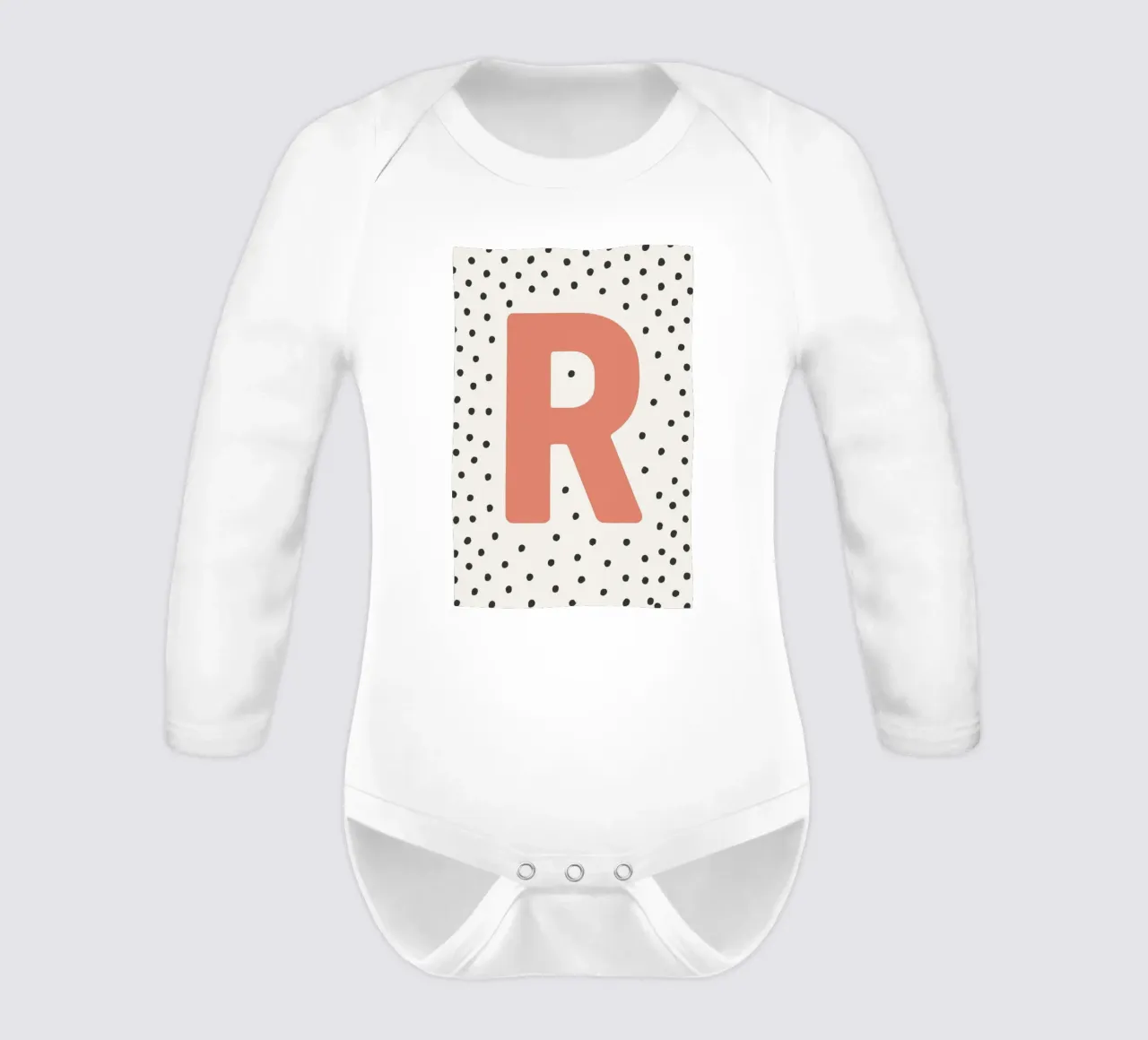 Initial R on dot pattern - Scandinavian style long-sleeve baby romper by KidzStudio