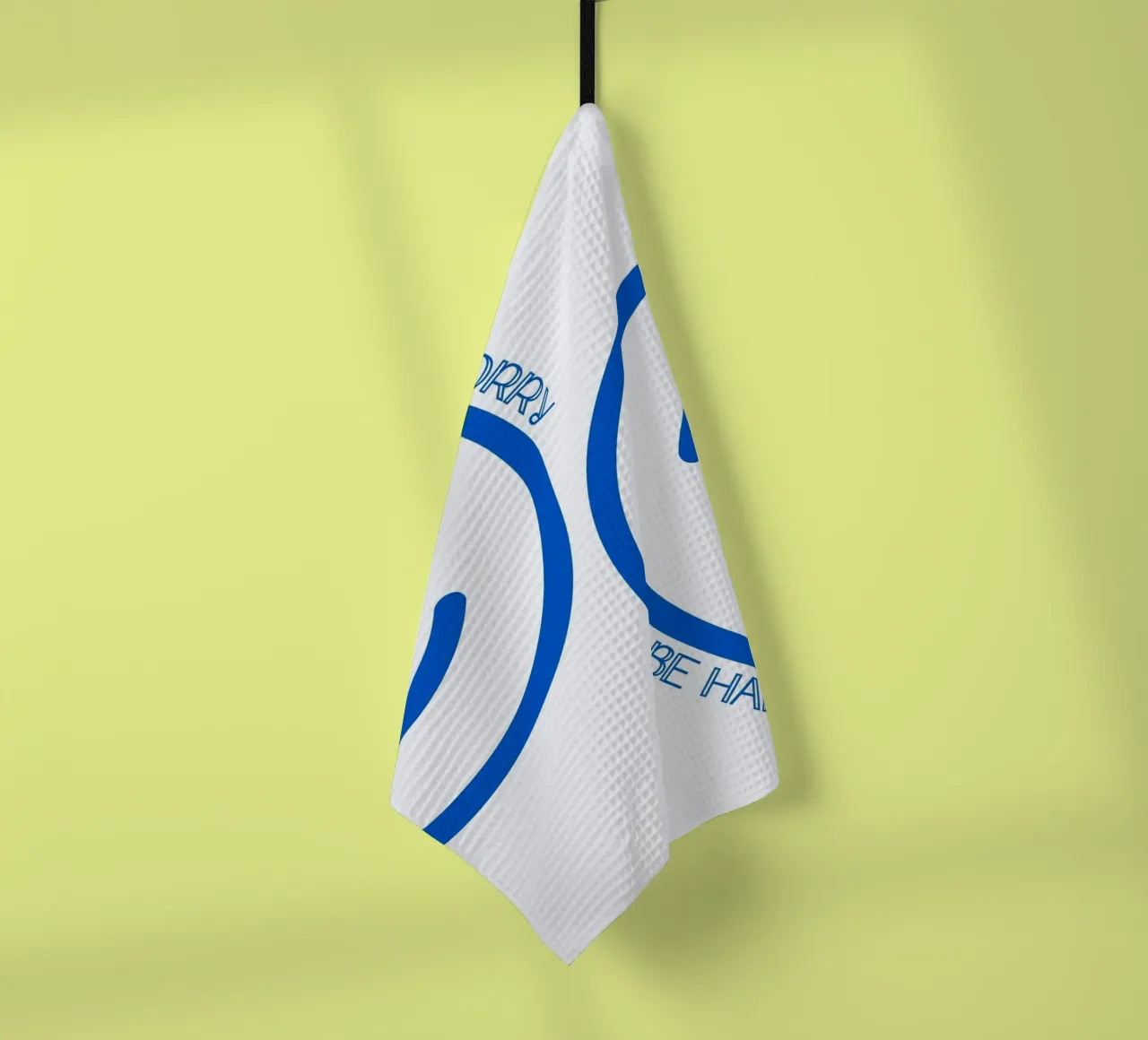 Arte delle facce sorridenti blu "Non preoccuparti, sii felice". canovaccio da cucina da homdeco