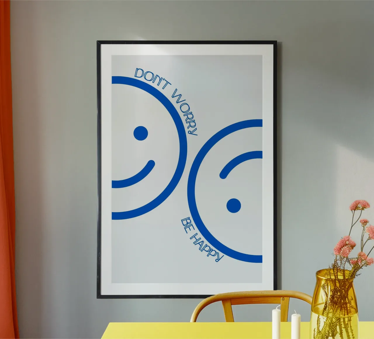 Art "Don't Worry Be Happy" (Ne vous inquiétez pas, soyez heureux) Smiley Faces bleu poster avec cadre en aluminium de homdeco