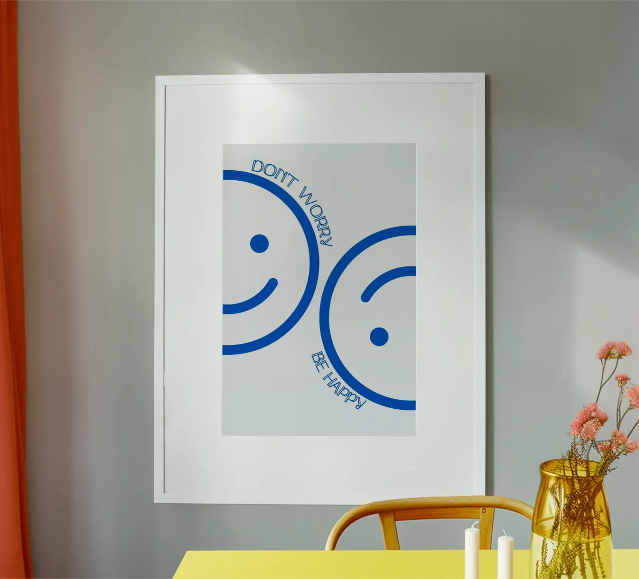 Art "Don't Worry Be Happy" (Ne vous inquiétez pas, soyez heureux) Smiley Faces bleu poster avec cadre en aluminium de homdeco