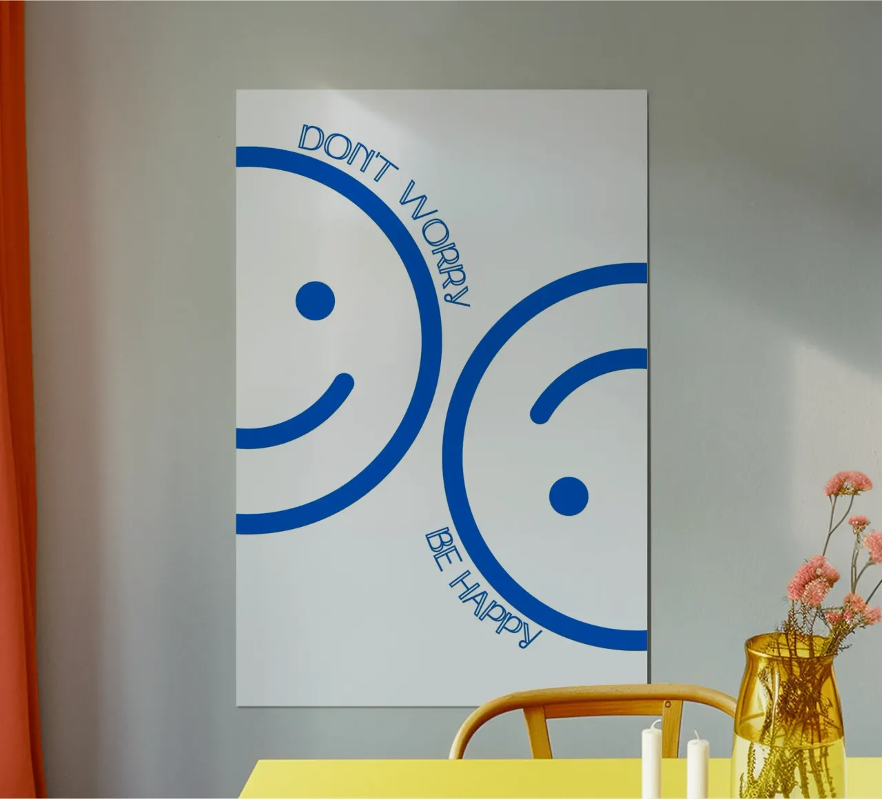 Art "Don't Worry Be Happy" (Ne vous inquiétez pas, soyez heureux) Smiley Faces bleu poster avec cadre en aluminium de homdeco