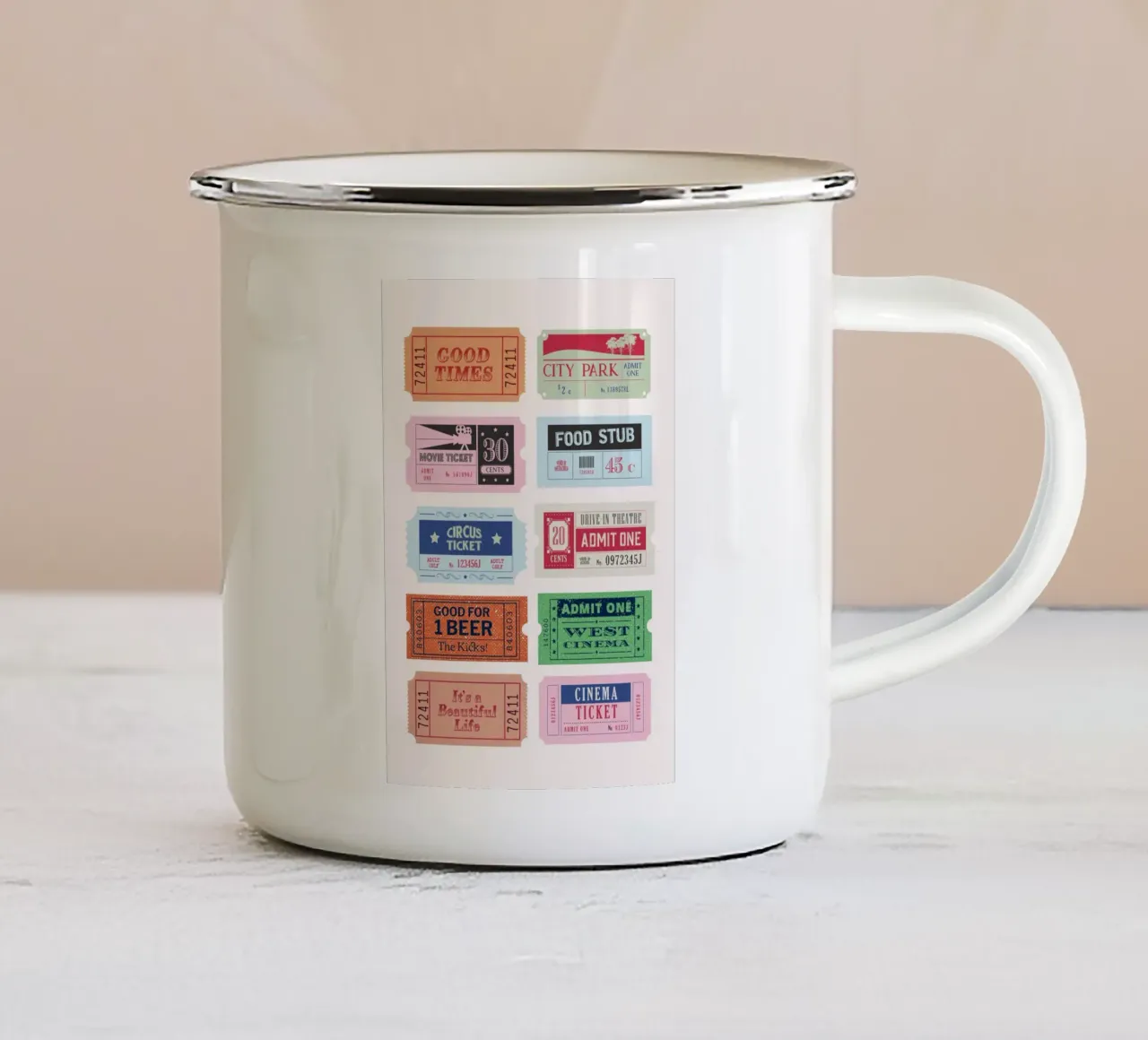 Collezione di biglietti d'epoca - Stampa pop art retrò tazza in smalto da homdeco