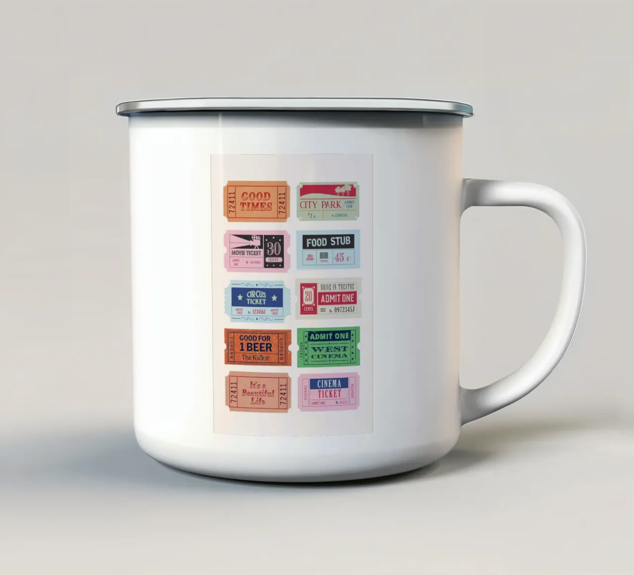 Collezione di biglietti d'epoca - Stampa pop art retrò tazza in smalto da homdeco