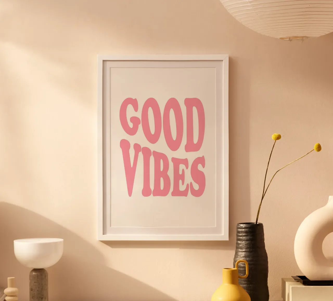 GOOD VIBES - Rosa Retro Bubble Font Kunstdruck Hahnemühle von homdeco
