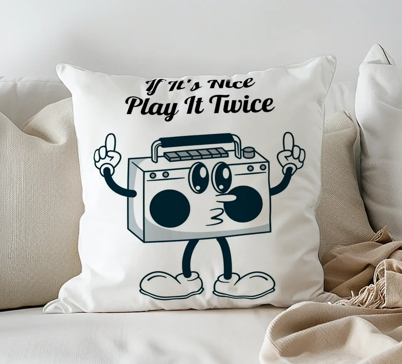 Arte retro Boombox "If It's Nice Play It Twice" (Se è bello, suonalo due volte) cuscino da homdeco