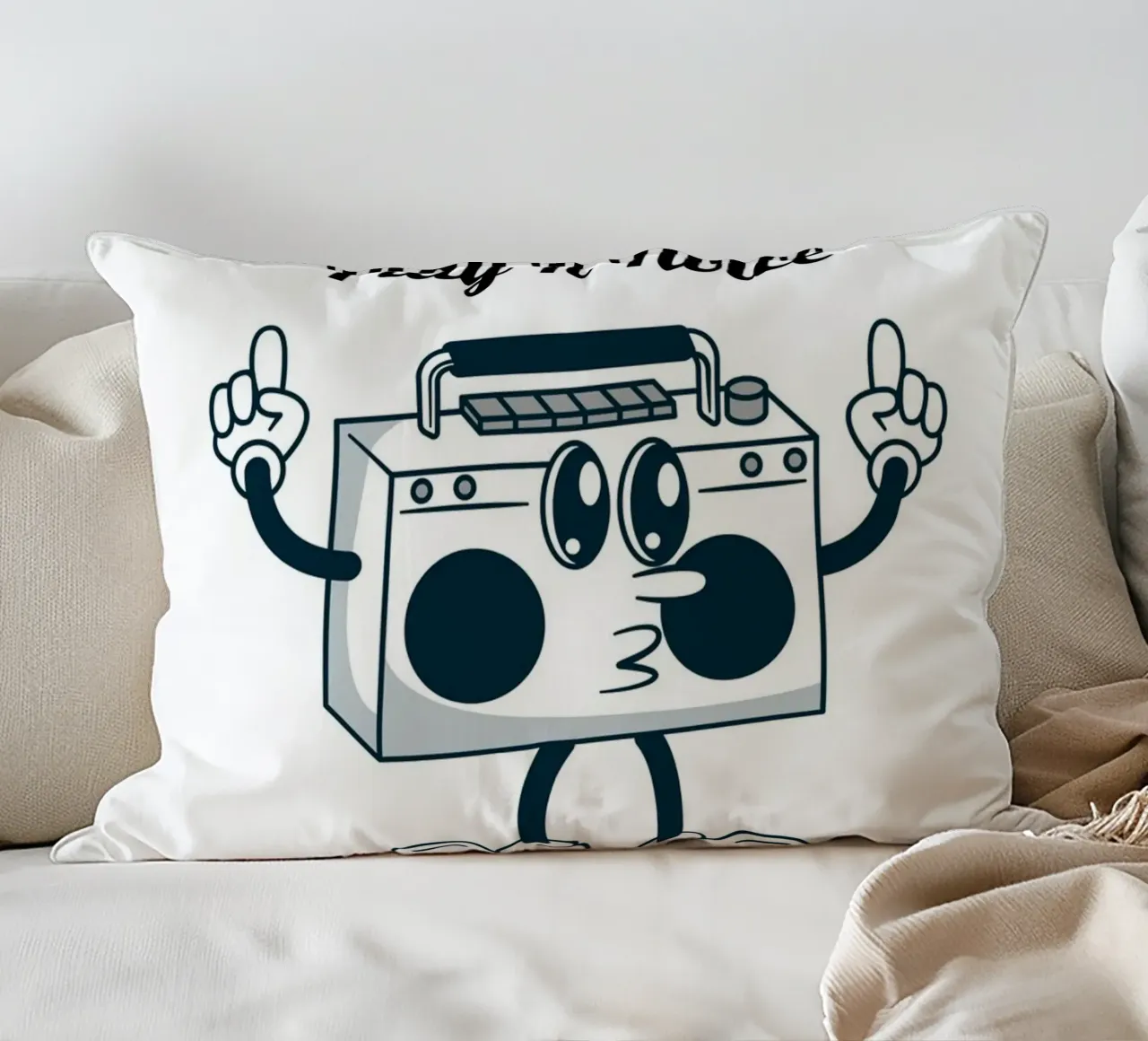Arte retro Boombox "If It's Nice Play It Twice" (Se è bello, suonalo due volte) cuscino da homdeco