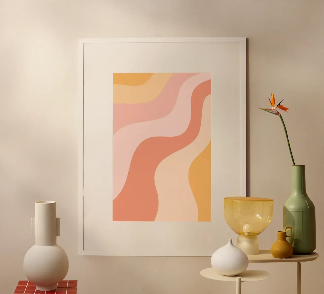 Warm Swirls Abstrakt - Pfirsich & Rosa Wavy Ästhetik Poster mit Holzrahmen von homdeco
