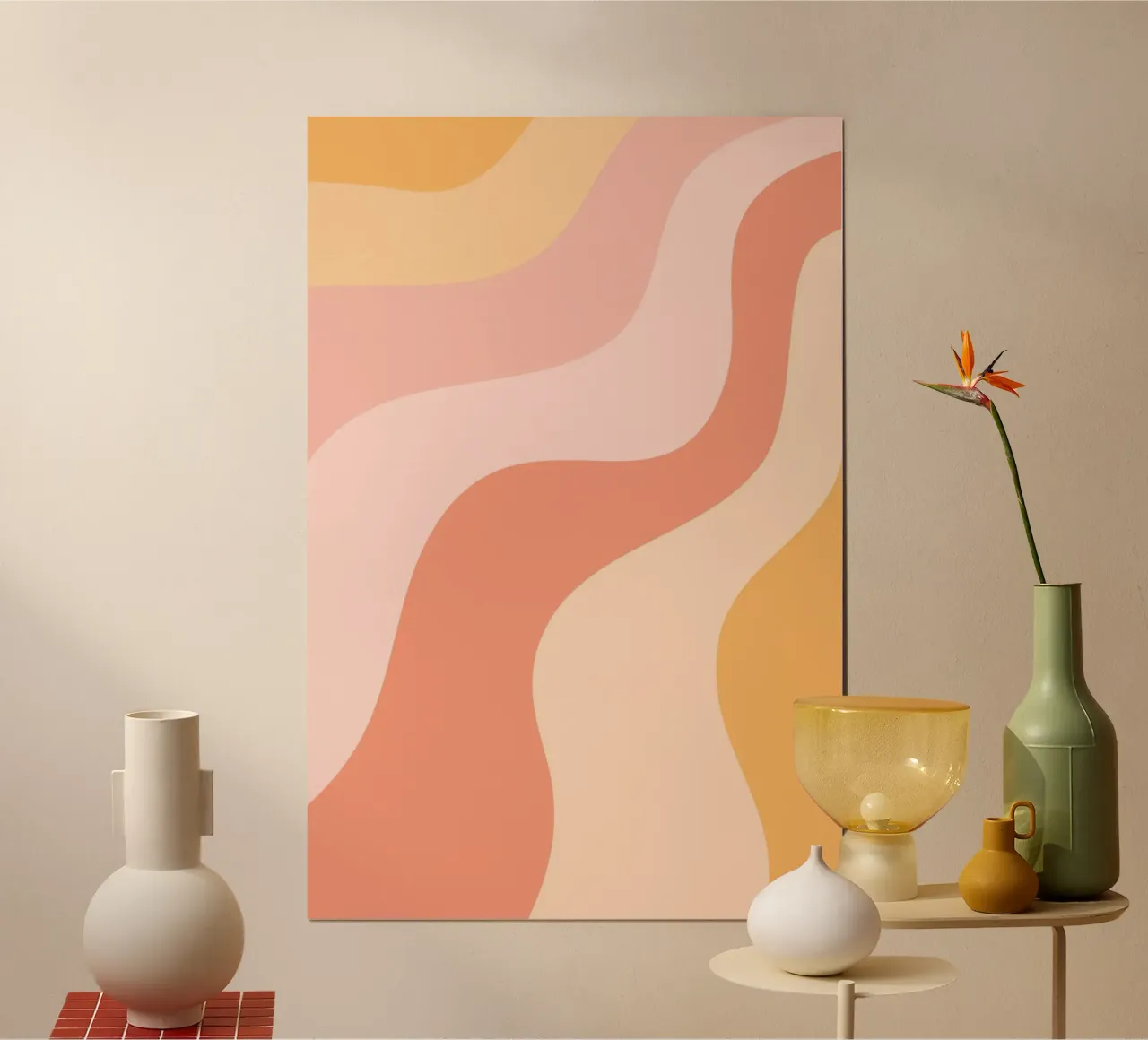 Warm Swirls Abstrakt - Pfirsich & Rosa Wavy Ästhetik Poster mit Holzrahmen von homdeco