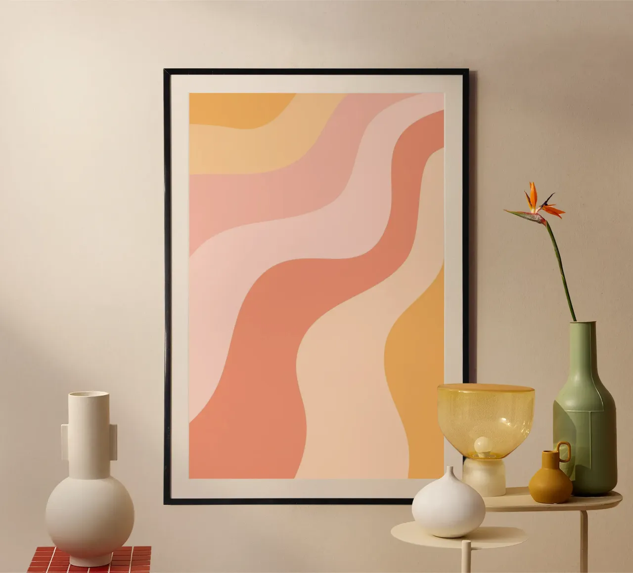 Warm Swirls Abstrakt - Pfirsich & Rosa Wavy Ästhetik Poster mit Holzrahmen von homdeco
