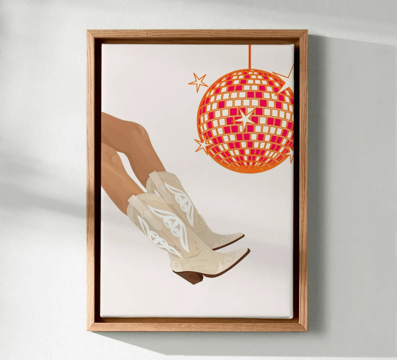 Disco Cowgirl Laarzen & Bal - Retro Feestesthetiek canvas met Baklijst van homdeco